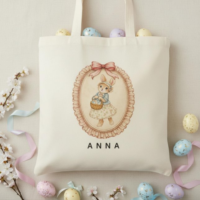 Tote Bag Personalized Vintage Easter Bunny Pastel Rabbit  (Créateur téléchargé)