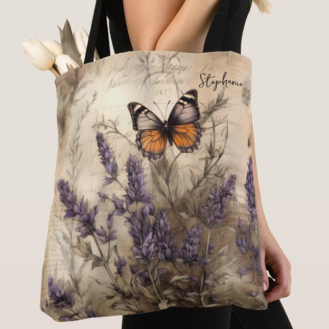 Tote Bag Personalized Vintage Lavender Butterfly Art (Créateur téléchargé)