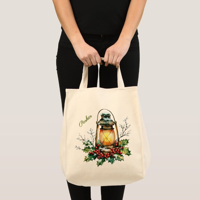 Tote Bag Personalized Winter Watercolor Holly & Berries (Devant (produit))