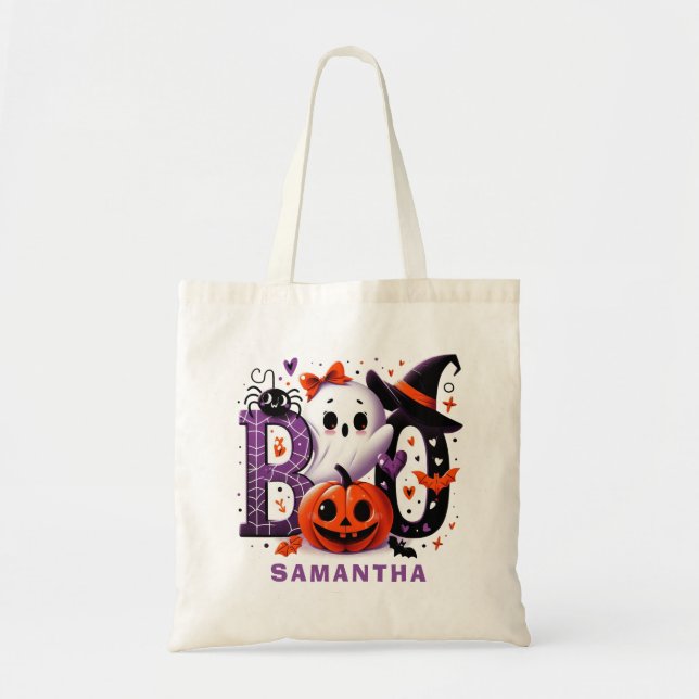 Tote Bag Personnalisable Halloween Boo Cute Ghost Citrouill (Devant)