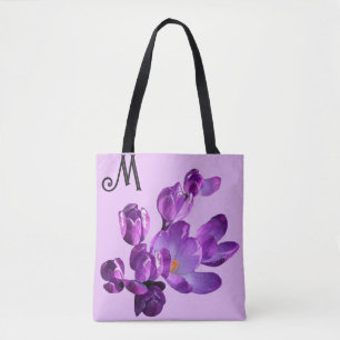 Tote Bag Personnalisable M monogramme fleurs pourpres boho 