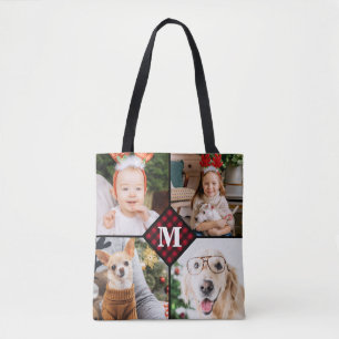 Tote Bag Personnalisé 4 Photo Monogramme Rouge Buffalo Plai