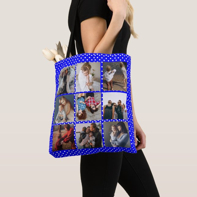Tote Bag Personnalisé 8 Photo Collage Modèle bleu (De près)