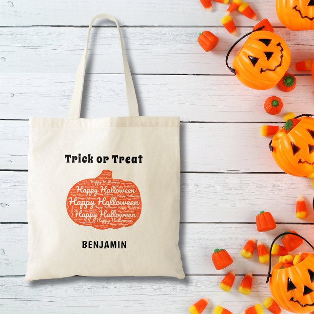 Tote Bag Personnalisé Happy Halloween Citrouille Word Art (Personalize with Name, edit / remove other text as required)