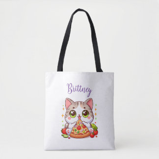 Tote Bag Personnalisé Kawaii Chat Manger Pizza Personnalisé