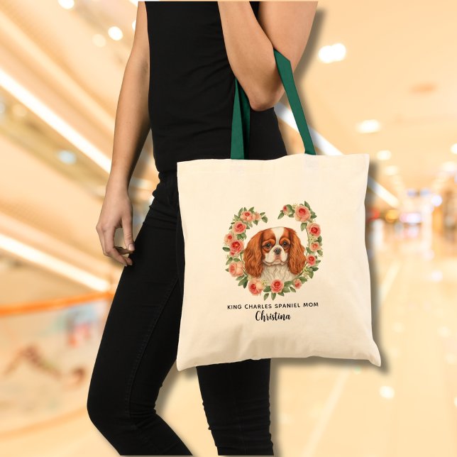 Tote Bag Personnalisé King Charles Spaniel Floral Heart (Add Dog Name & edit text to personalize, delete if not required)