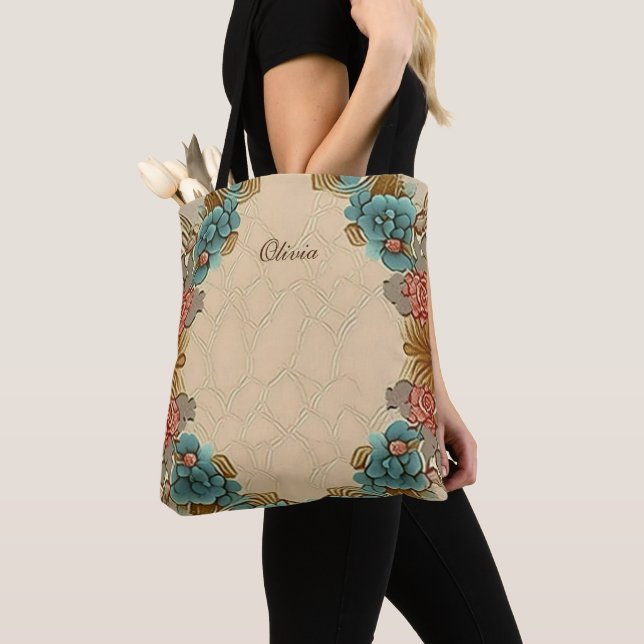 Tote Bag Personnalisé Moderne Floral Beige Bleu Orange (De près)