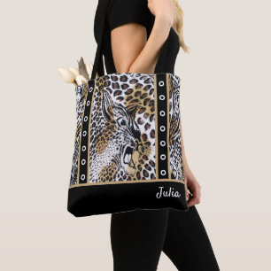 Tote Bag Personnalisé Nom Chic élégant Brown noir blanc léo
