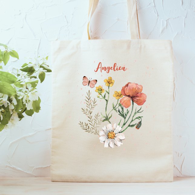 Tote Bag Personnalisé Nom Fleur sauvage Floral (Créateur téléchargé)