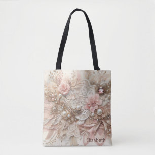 Tote Bag Personnalisé rose ivoire Beige Flores Mariage