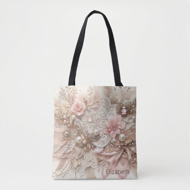 Tote Bag Personnalisé rose ivoire Beige Flores Mariage (Devant)