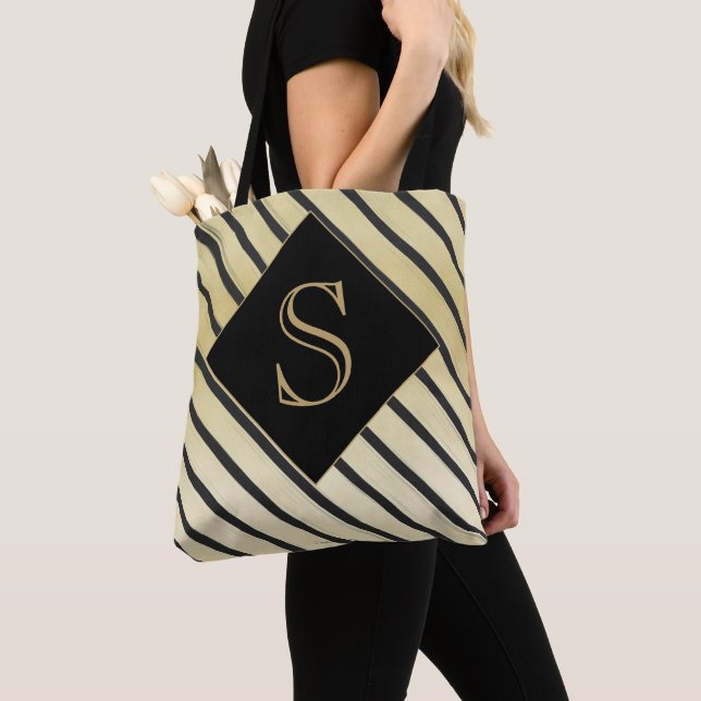 Tote Bag Personnaliser Girly Monogram Chic Black Gold Strip (De près)