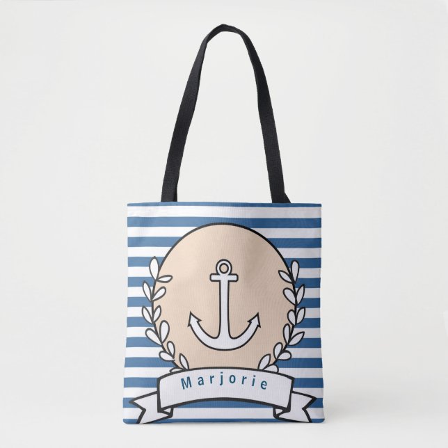 Tote Bag Personnaliser l'Ancre en bande horizontale bleue b (Devant)