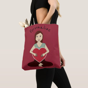 Tote Bag Personnaliser mignonne Yoga Girl tenant coeur roug