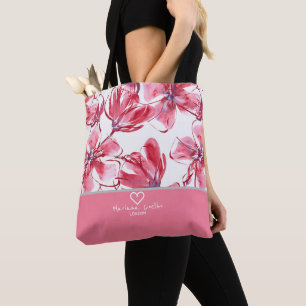 Tote Bag Personnalisez avec votre nom et ville ♥ Fleurs rou