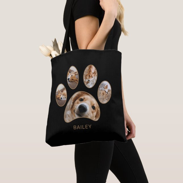 Tote Bag Pet Lovers Gold Empreinte de patte Nom Photo Colla (De près)