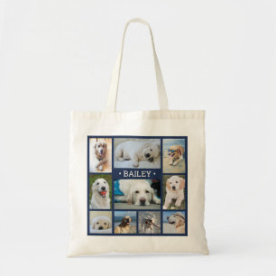 Tote Bag Pet Photo Collage Navy Blue Modern Dog Cat Name