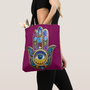 Tote Bag Pétales Colorés Feuilles Hamsa Saphir Troisième Œi