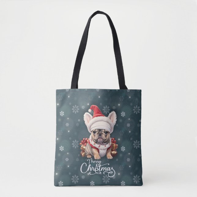 Tote Bag Petit Chien à taureaux français Santa Hat Joyeux N (Devant)