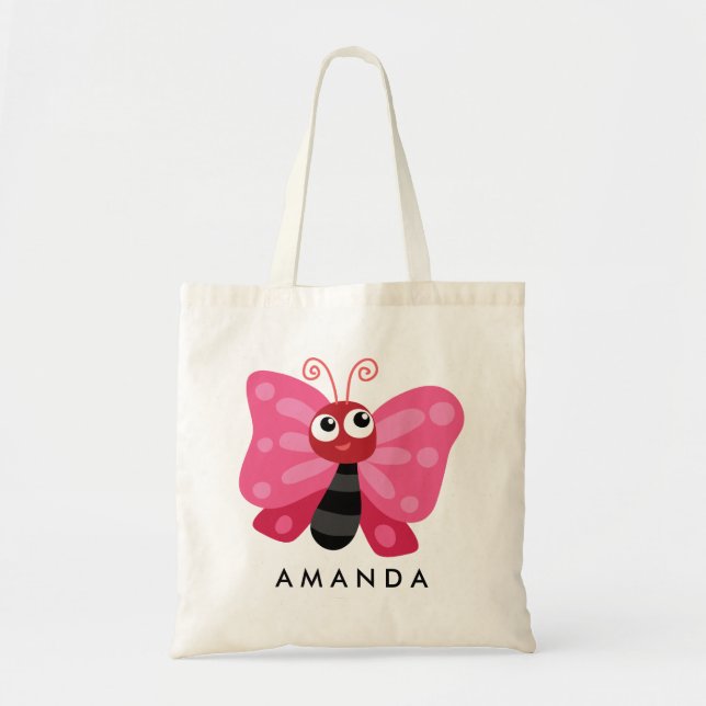Tote Bag Petit Papillon rose mignon ajouter votre nom (Devant)