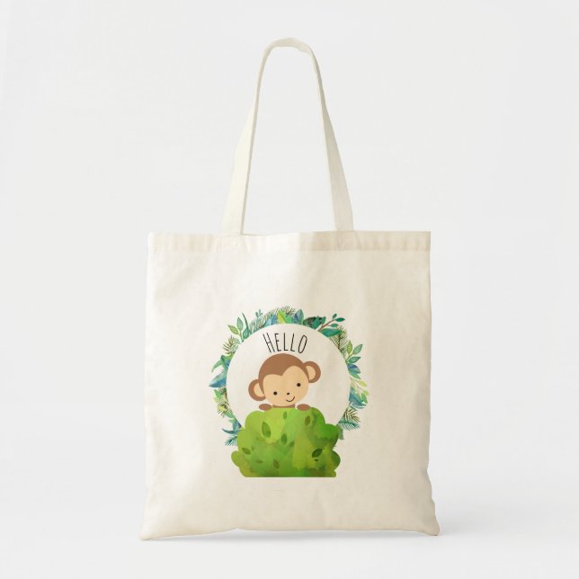 Tote Bag Petit singe qui sort de derrière un Bush Bonjour (Devant)