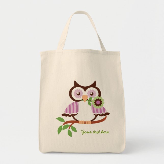 Tote Bag Petite chouette de printemps tenant une fleur dans (Devant)