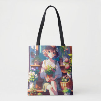 Tote Bag Petite fille Anime tenant un Plante