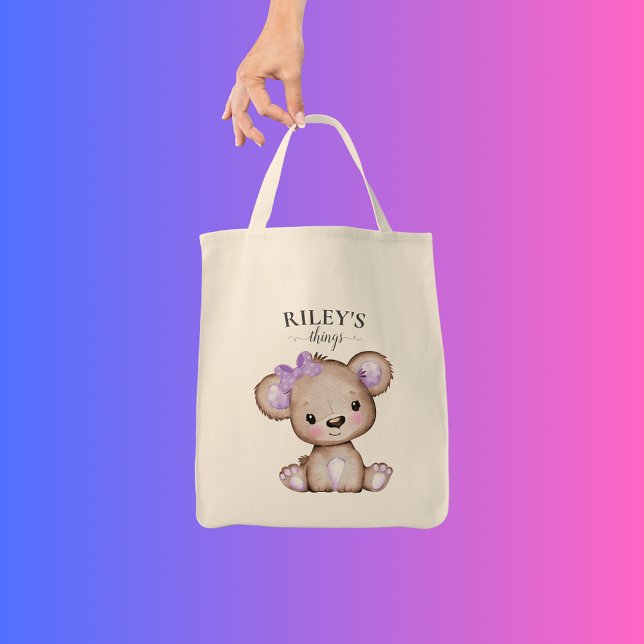 Tote Bag Petite fille Brown ours pourpre Baby Monogrammé (Créateur téléchargé)