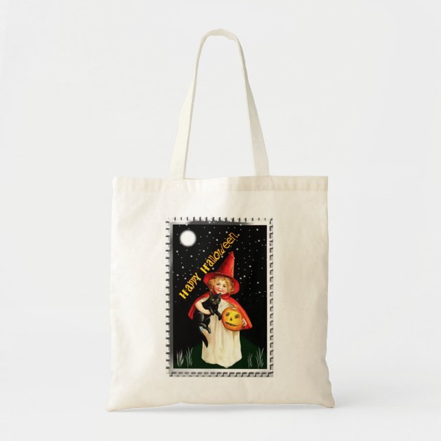 Tote Bag Petite fille nostalgique, Jack-o’-lanterne et chat (Devant)