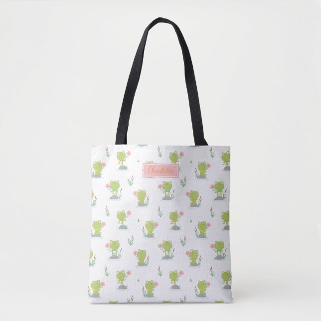 Tote Bag Petite grenouilles mignonnes avec des fleurs en bl (Devant)