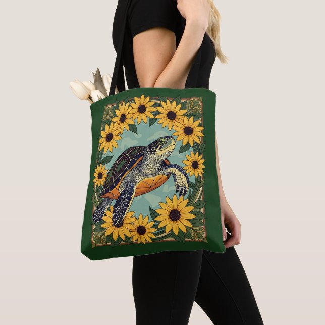 Tote Bag Petite Tortue Et Fleurs Faisées Noires (De près)