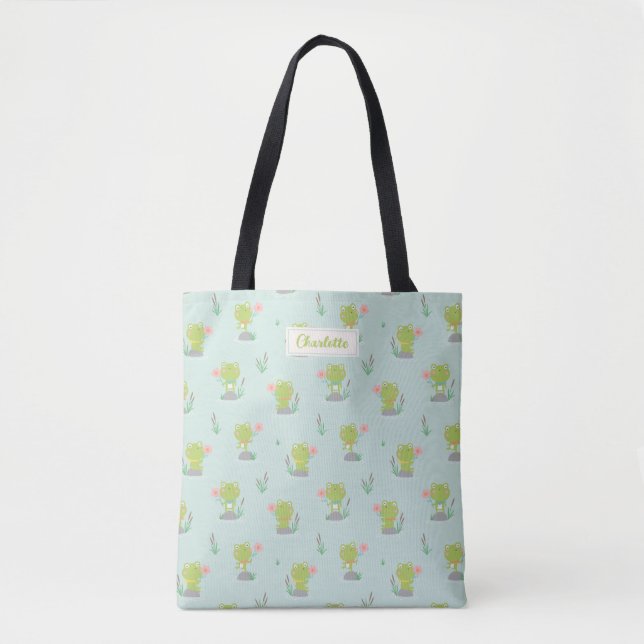Tote Bag Petites grenouilles mignonnes avec des fleurs à la (Devant)