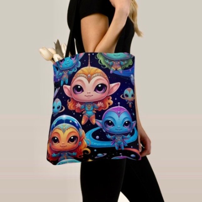 Tote Bag Petits Aliens Multicolores dans l'Espace (Tote Bag — 100% polyester, black laminated lining 100% cotton web hand. Made in the USA.
)