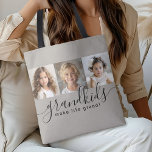 Tote Bag Petits-enfants font la vie Grand 3 Collage photo<br><div class="desc">Un cadeau attentionné pour les grands-parents, ce design de sac fourre-tout personnalisé dispose d'un 3 modèle photo à personnaliser avec des photos des petits-enfants. Une combinaison d'écriture manuscrite moderne combinée à une police sans serif moderne épelle "petits-enfants rendent la vie grandiose !" L'arrière - plan est un beige taupe neutre,...</div>