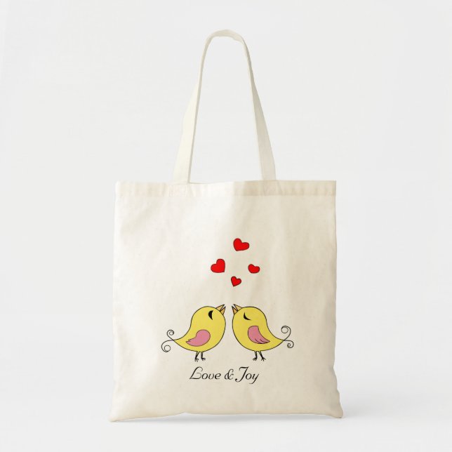 Tote Bag Petits oiseaux jaunes mignons avec Coeurs et Texte (Devant)