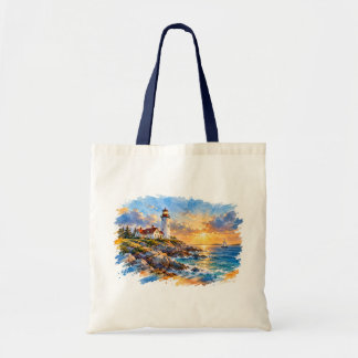 Tote Bag Phare à l'aquarelle au coucher du soleil – Paysage