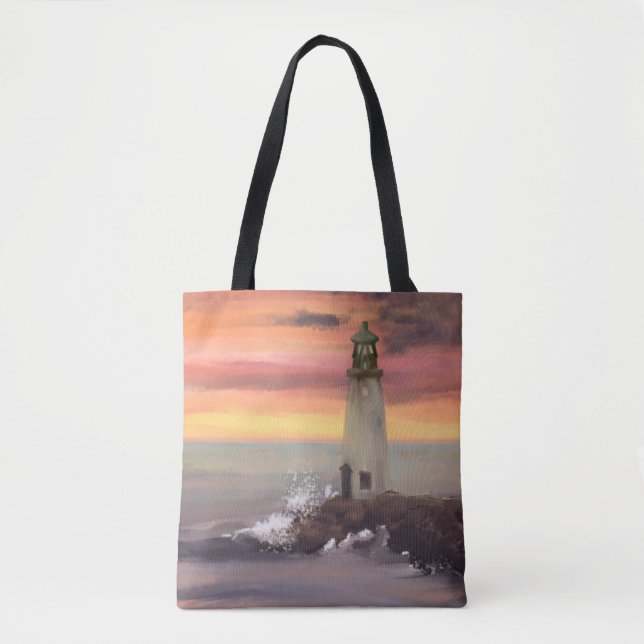 Tote Bag Phare Côtier Avec Ciel Rose Et Orange (Devant)