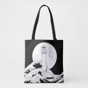 Tote Bag Phare de Bell Rock noir et blanc