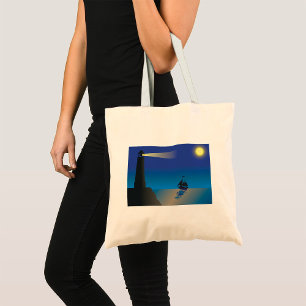 Tote Bag Phare et voilier la nuit Océan éclairé par la lune
