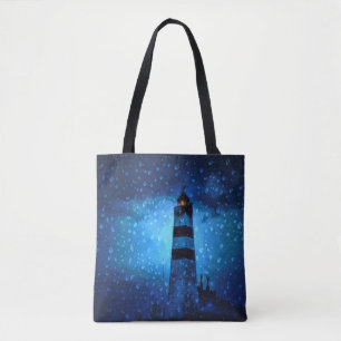 Tote Bag Phare océanique une nuit bleu foncé avec des goutt