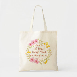 Tote Bag Philippiens 4:13 Écriture florale rose et jaune