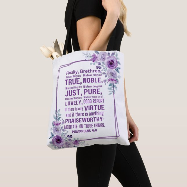 Tote Bag Philippiens 4:8 Noble Bible Verse Violet Rose (De près)