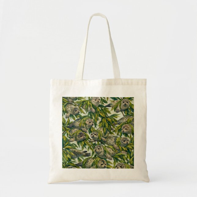 Tote Bag Phoques de port mignons et motif d'algues (Devant)