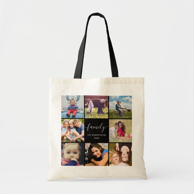 Tote Bag Photo Collage Famille Script noir (Devant)