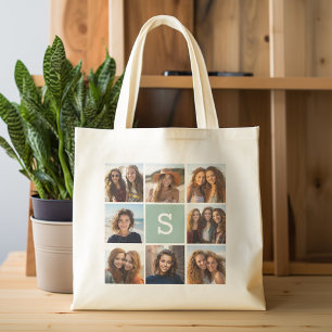 Tote Bag Photo Collage personnalisé Monogramme Mention vert