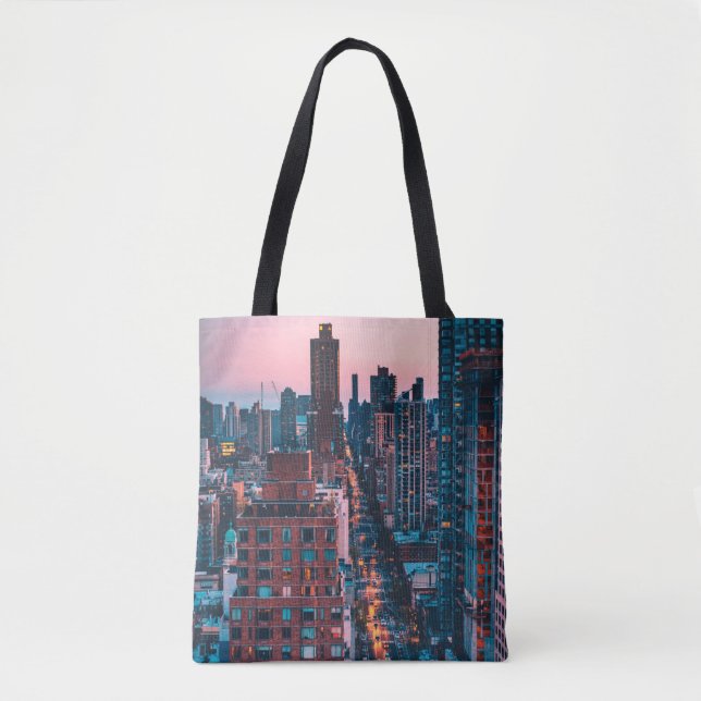 TOTE BAG PHOTO DE BÂTIMENTS HAUT DE GAMME AVEC BLEU ET ROSE (Devant)