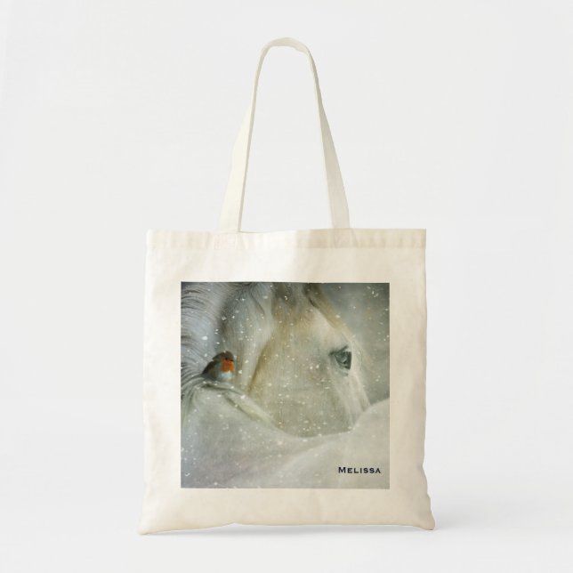 Tote Bag Photo de White Horse and Bird en hiver (Devant)