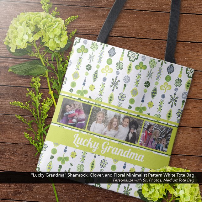 Tote Bag Photo du Motif de Clover du Shamrock "Lucky Grandm ("Lucky Grandma" Shamrock, Clover, and Floral Pattern Tote Bag - Personalize with Six Photos)