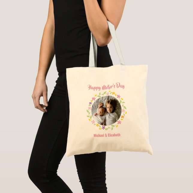 Tote Bag Photo Famille mignonne Cadre floral Bonne fête des (Devant (produit))