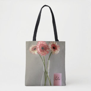 Tote Bag Photo Happy Gerbera Rose Flower +Custom Name
